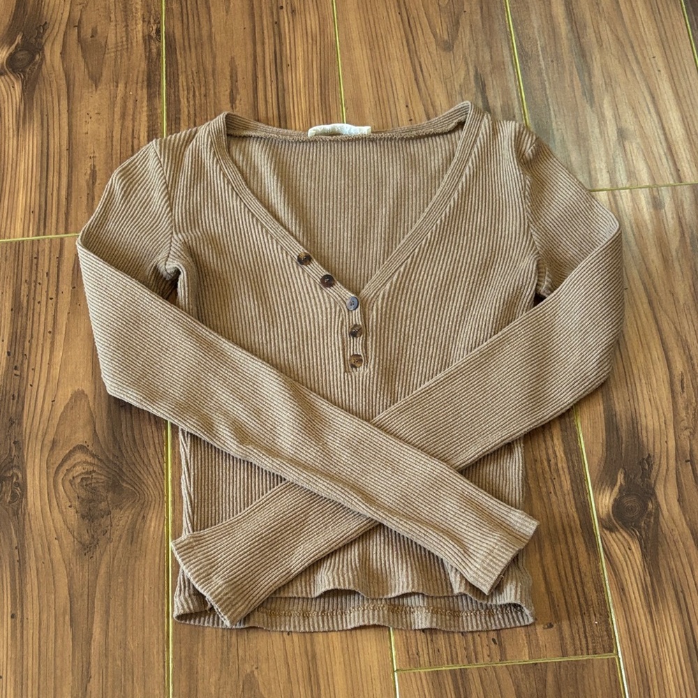 Brown Ribbed Long Sleeve Top